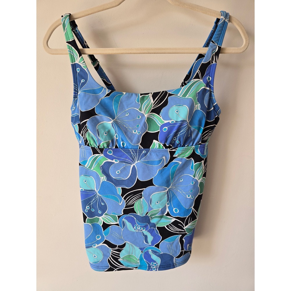 Lands End Womens Blue Floral Tankini Top Adjustable Straps Size 8 Tropical Swim
